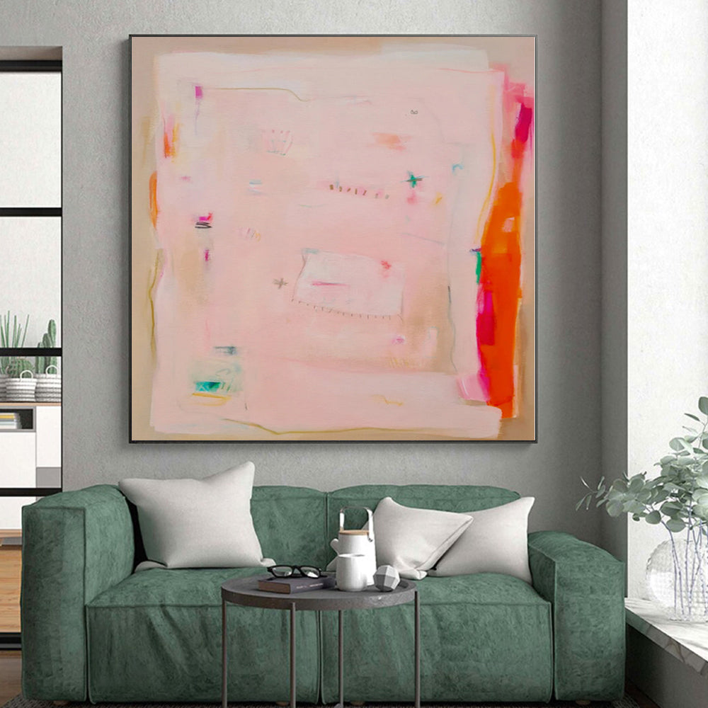“Soft Pink Patches” - Abstract Art with Pink, Orange, Green, Blue, White CT0078