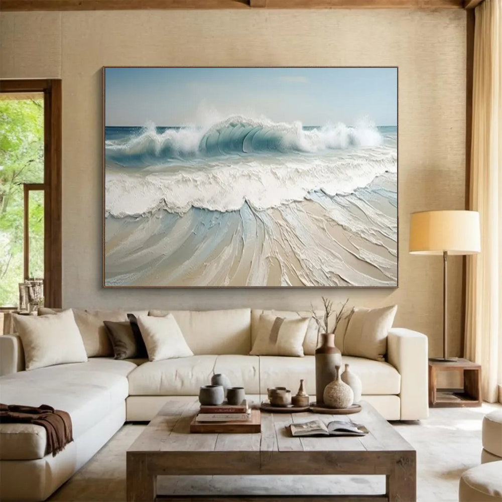 “3D Sea Wave” - Shades of blue, white, beige; thick - textured, three - dimensional wave crashing on the shore CT1545