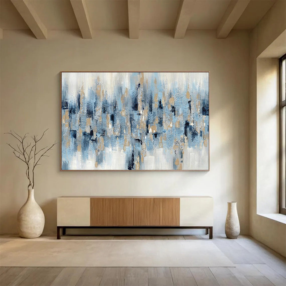 “Blue - Gold Rhythm” - Blues, whites, metallic gold; scattered, rhythmic abstract shapes CT1519
