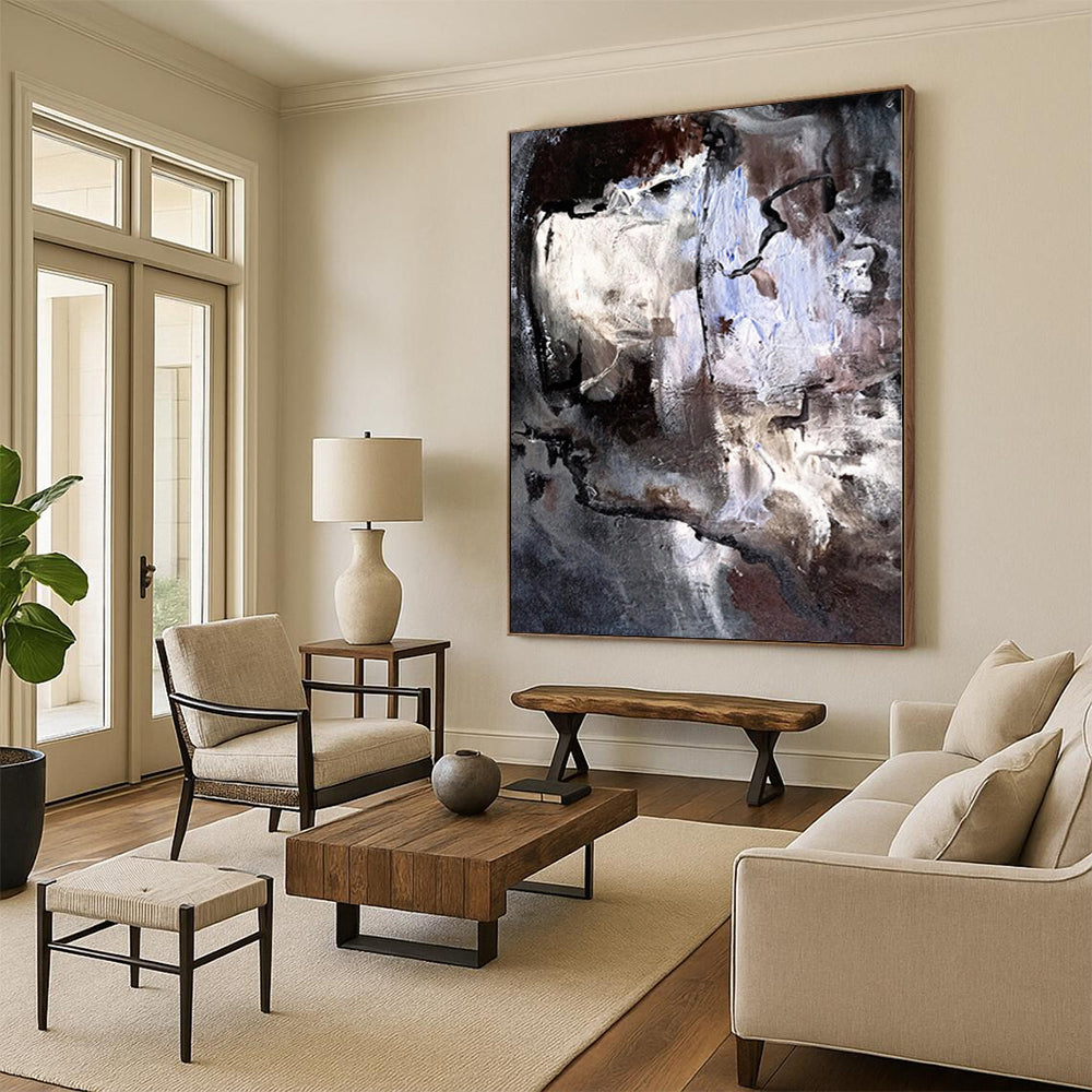 “Shadowed Faces” - Abstract Art with Gray, Brown, White, Blue CT0048