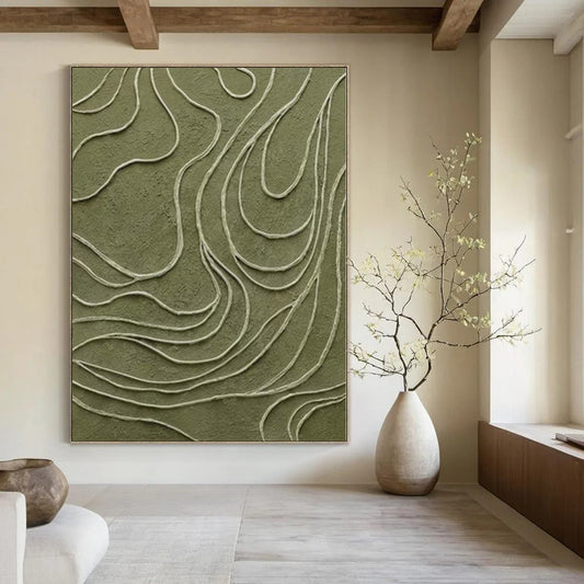 “Olive Green with White Wavy Lines” Textured Relief Art CT0144