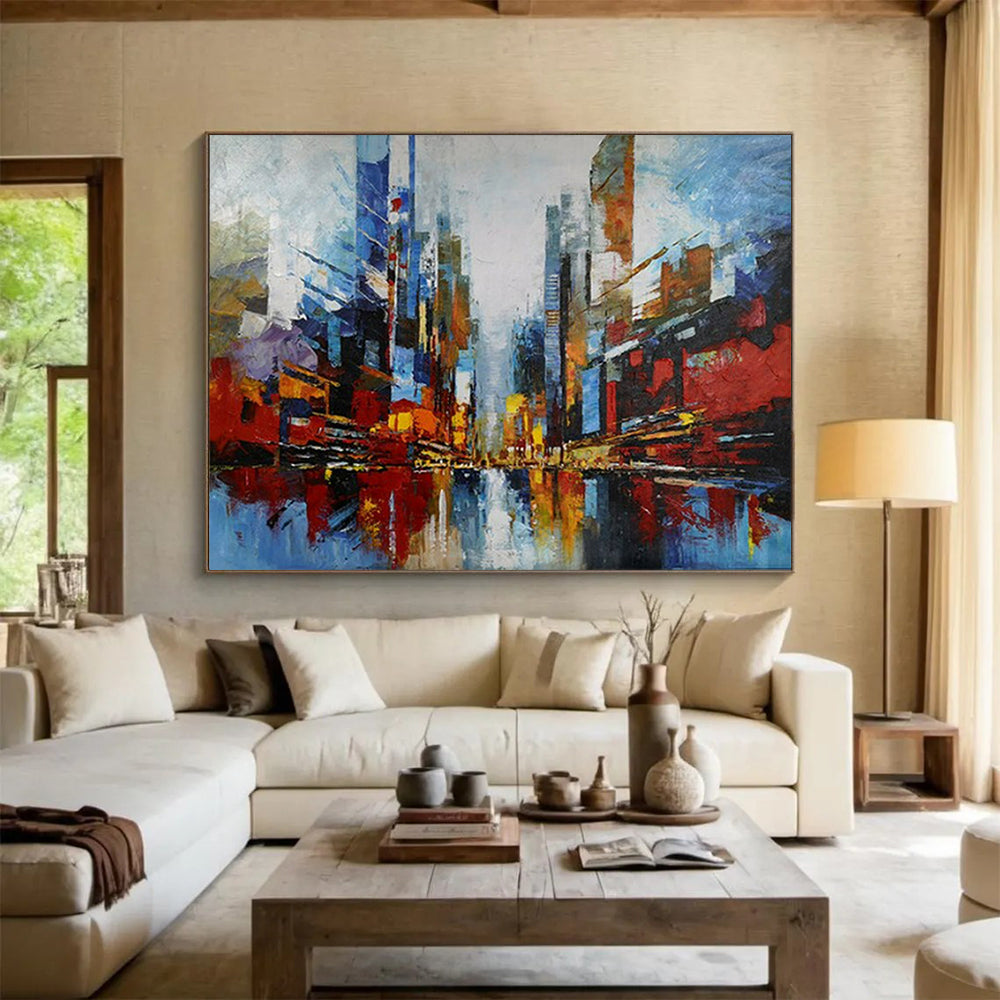 Colorful abstract cityscape with tall buildings and reflections CT1673
