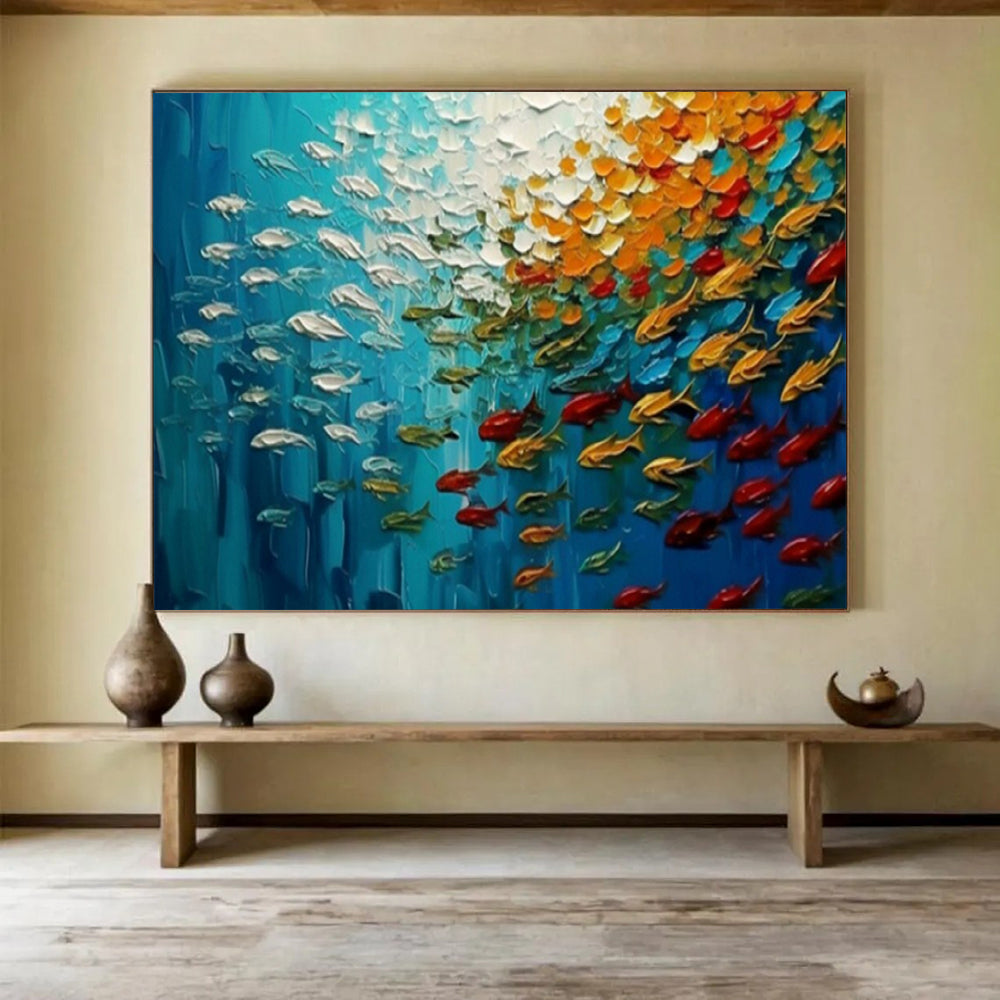 “Oceanic Symphony” – Deep blues, whites, oranges with thickly painted, swirling fish CT1689