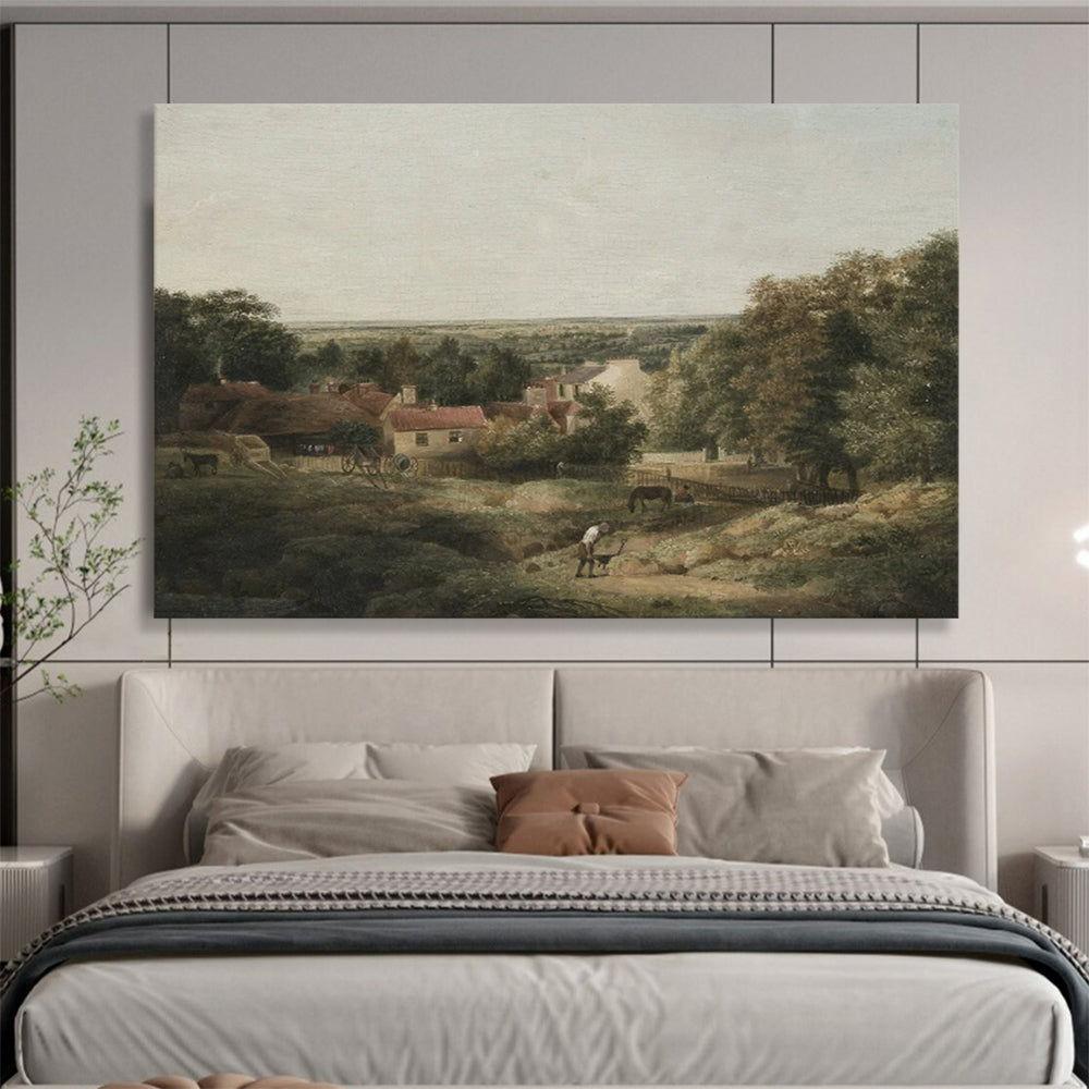 “Rural Idyll in Hues” - Greens, browns, soft tones; detailed pastoral village scene CT1609