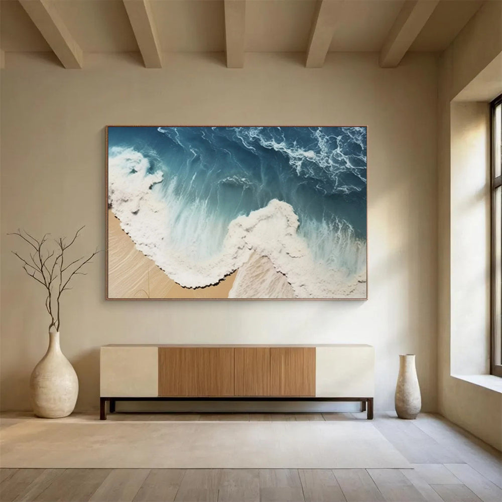 “Aerial Beach Waves” - Hues of blue, white, beige; aerial view of waves lapping against a sandy beach CT1549