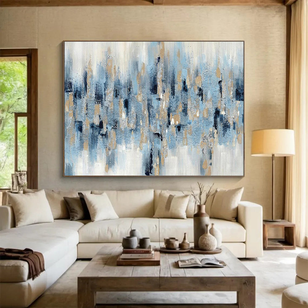 “Blue - Gold Rhythm” - Blues, whites, metallic gold; scattered, rhythmic abstract shapes CT1519