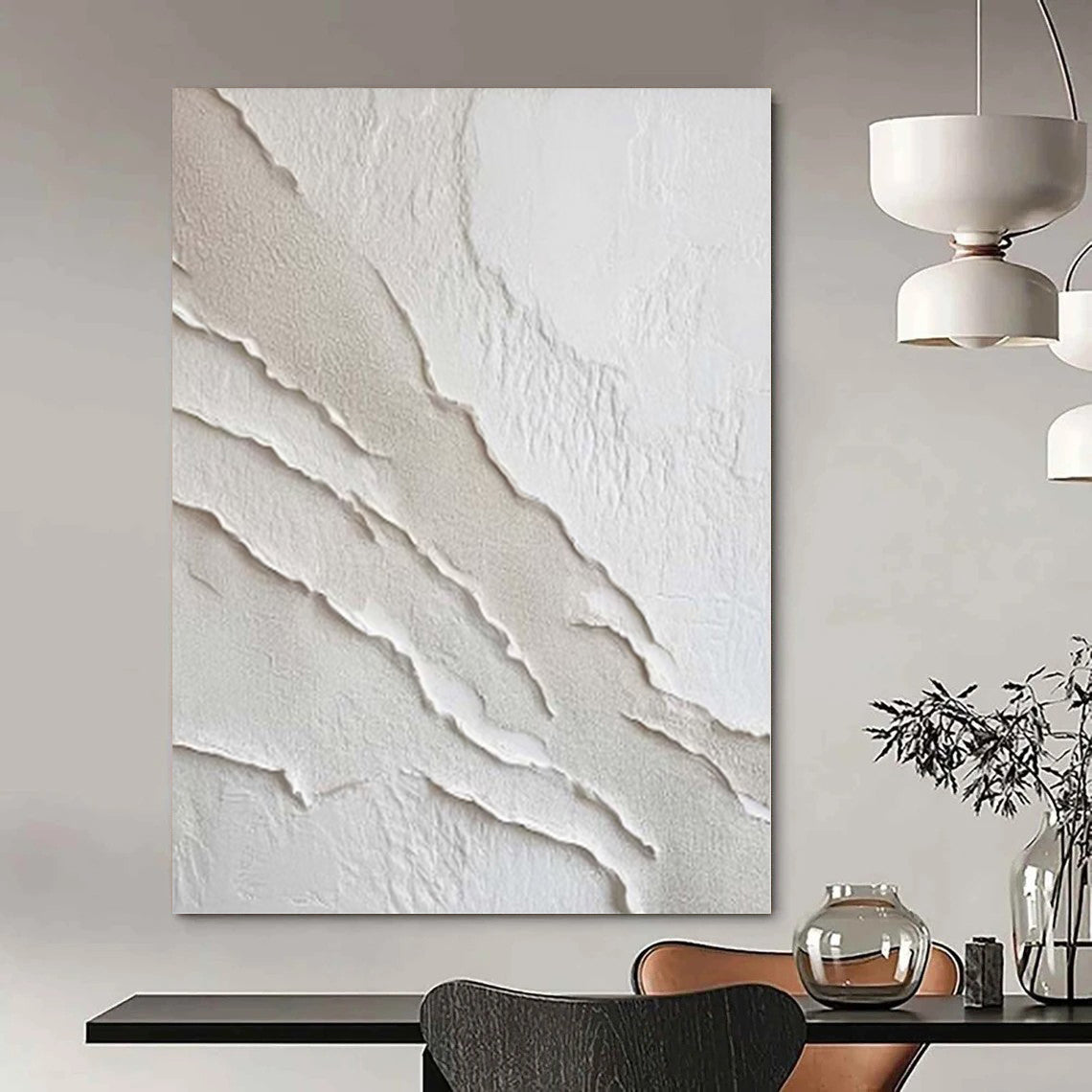 “White and Beige Textured Streaks” Plaster - Effect Acrylic Art CT0172