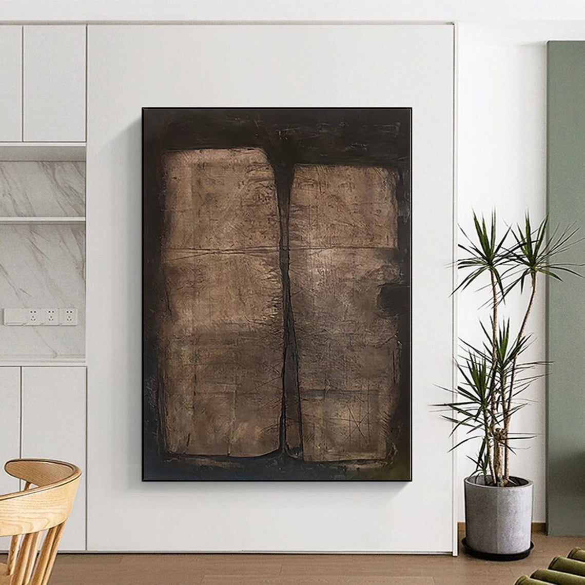 “Textured Brown Diptych”,Abstract Minimalist Mixed - Media Work CT0548