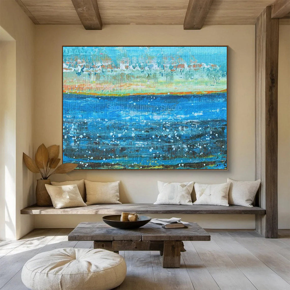 Blue Ocean with White Specks & Coastal Hues - Pointillist-Inspired Seaside Art CT1794