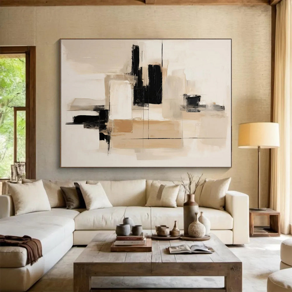 “Neutral Tones with Black Accents”,Abstract Minimalist Oil Painting CT0530