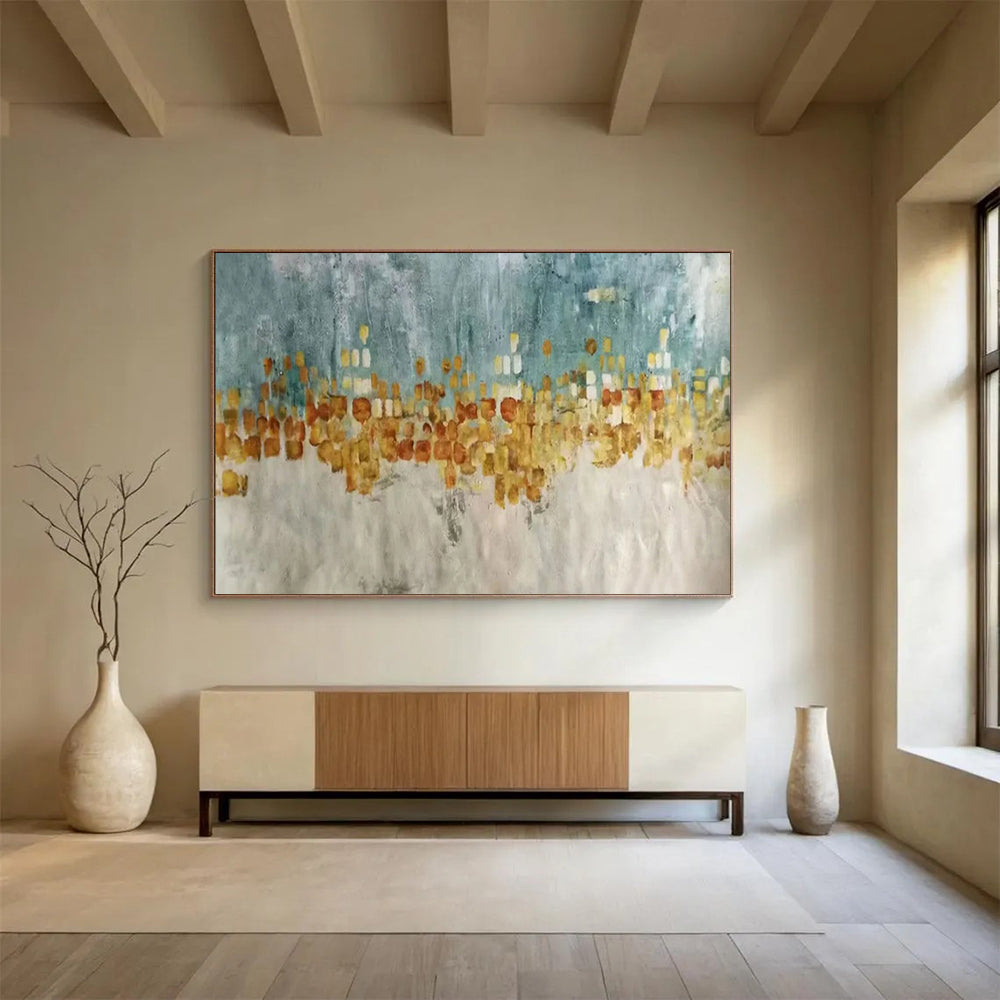 “Blue - Gold Urban Impression” - Blue, gray, gold, orange; blocky urban skyline CT1592