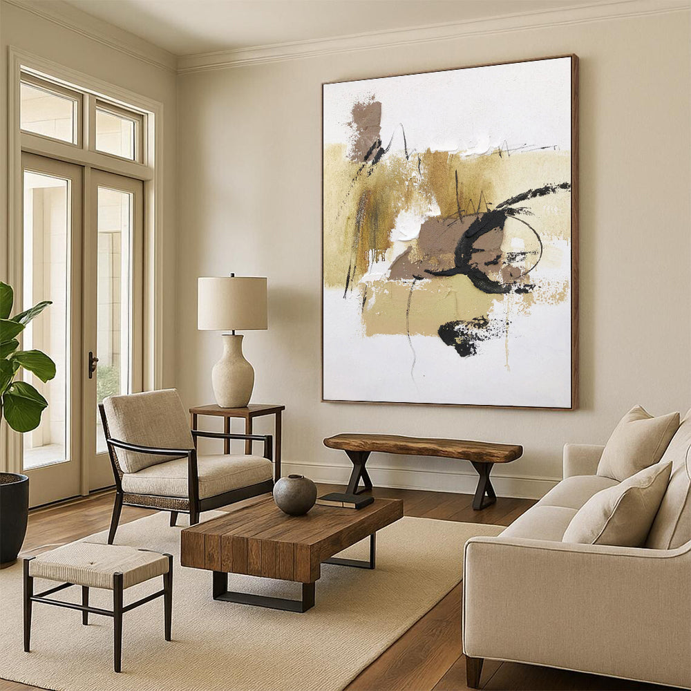 “Beige - Black Textured Abstraction” - Abstract Expressionist Art CT0500