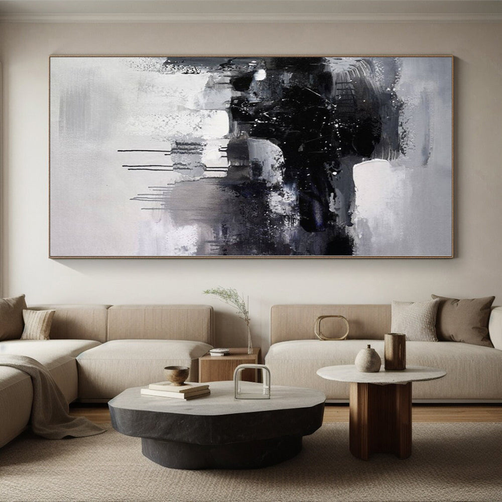 “Black - White Abstract Drizzle”,Expressive Abstract Painting CT0376