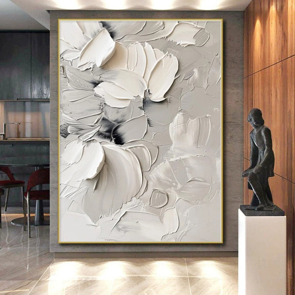 “Textured White Blooms”,Abstract Floral Impasto Artwork CT0525