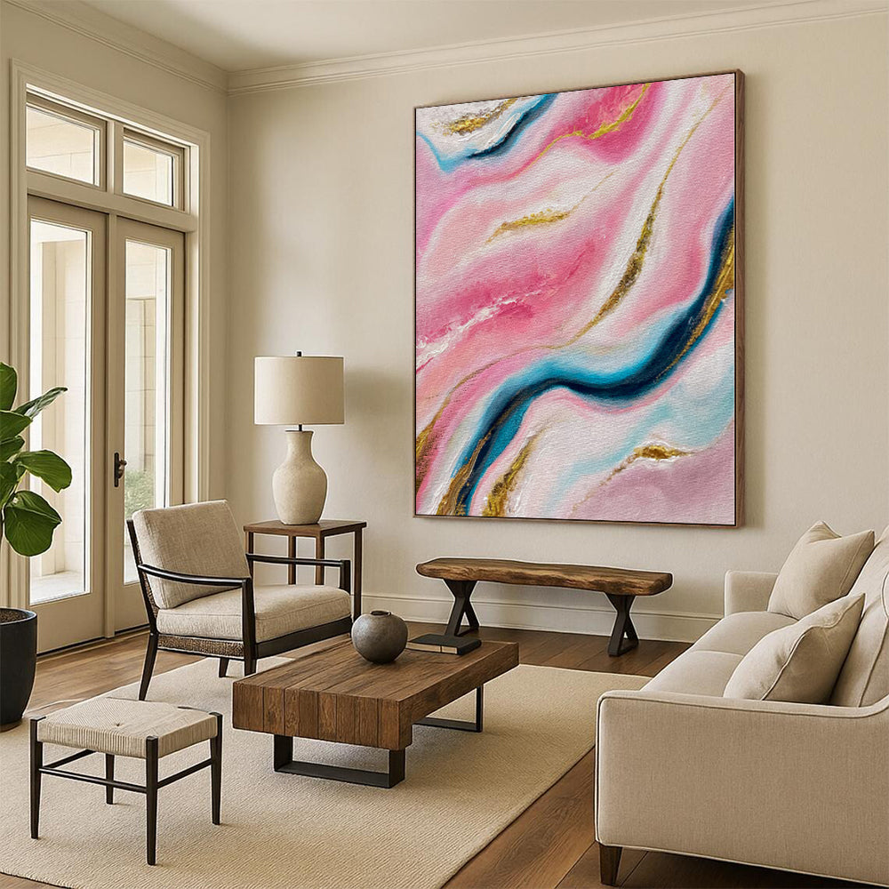 “Pink Marble Gold Veins” - Abstract Painting with Pink, Blue, White, Gold Swirls CT0029