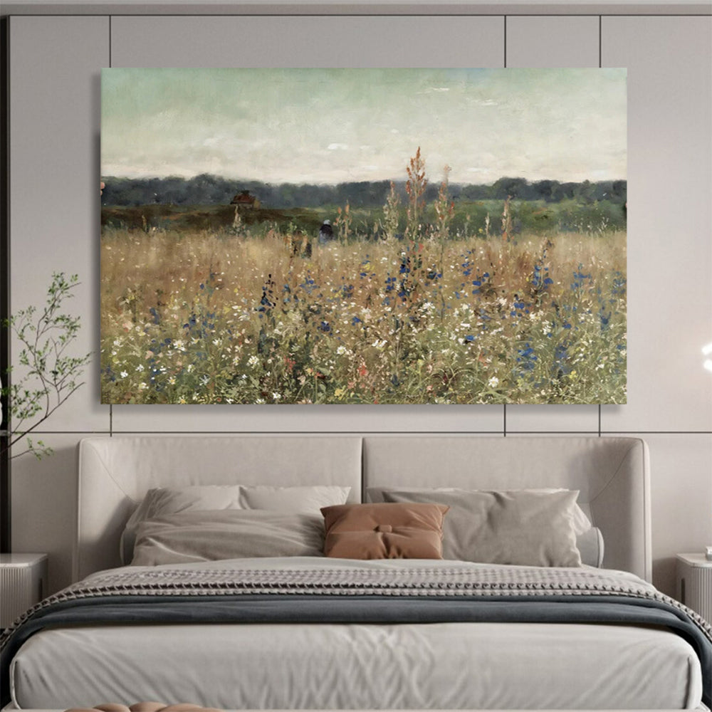 “Meadow Reverie” - Soft greens, yellows, blues; tranquil field with wildflowers, distant cottage CT1486