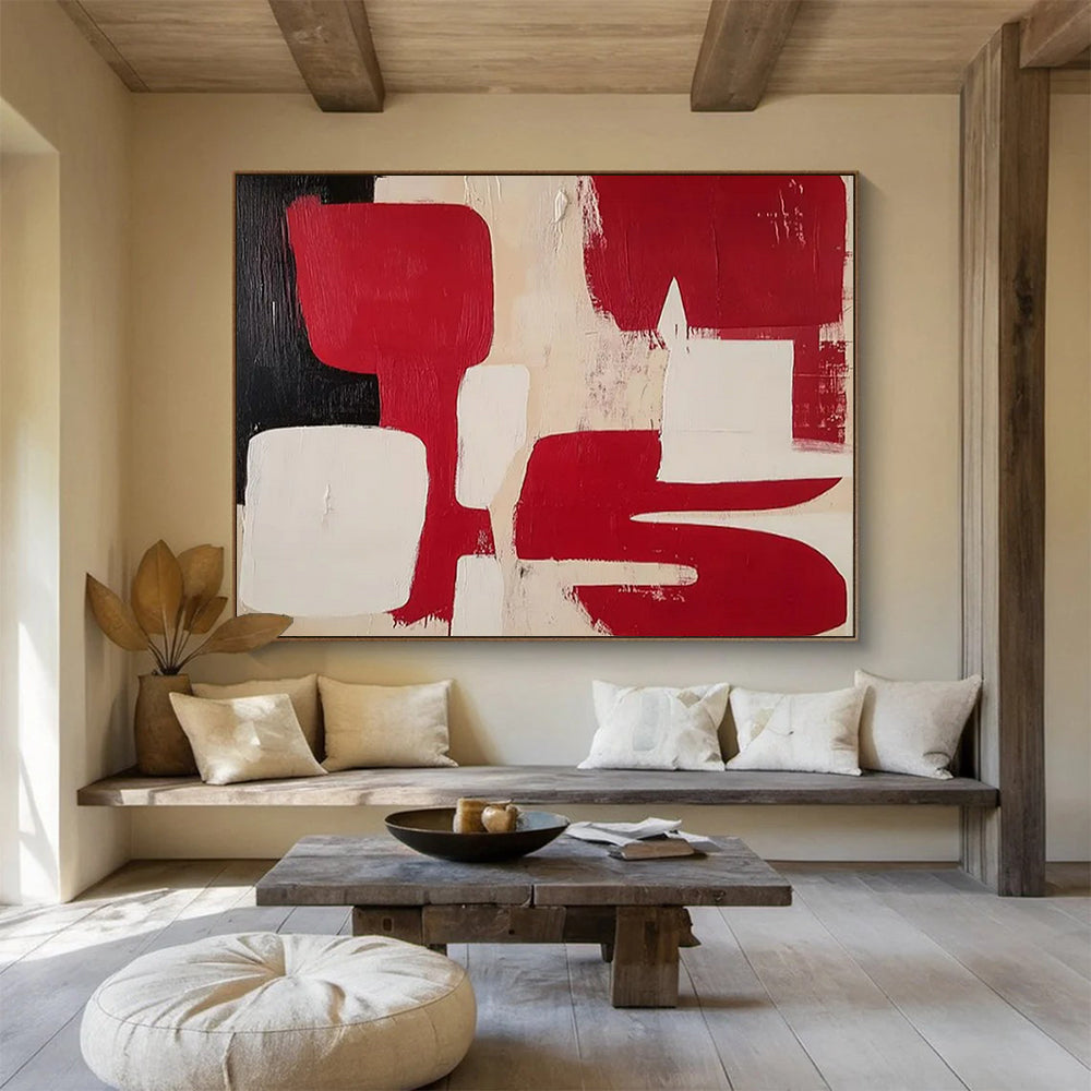 Red, Black, and White Geometric Forms - Minimalist Acrylic Art CT1802