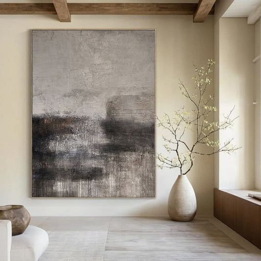 “Dark Gray Textured Abyss” - Abstract Painting with Gray, Black, Brown CT0112