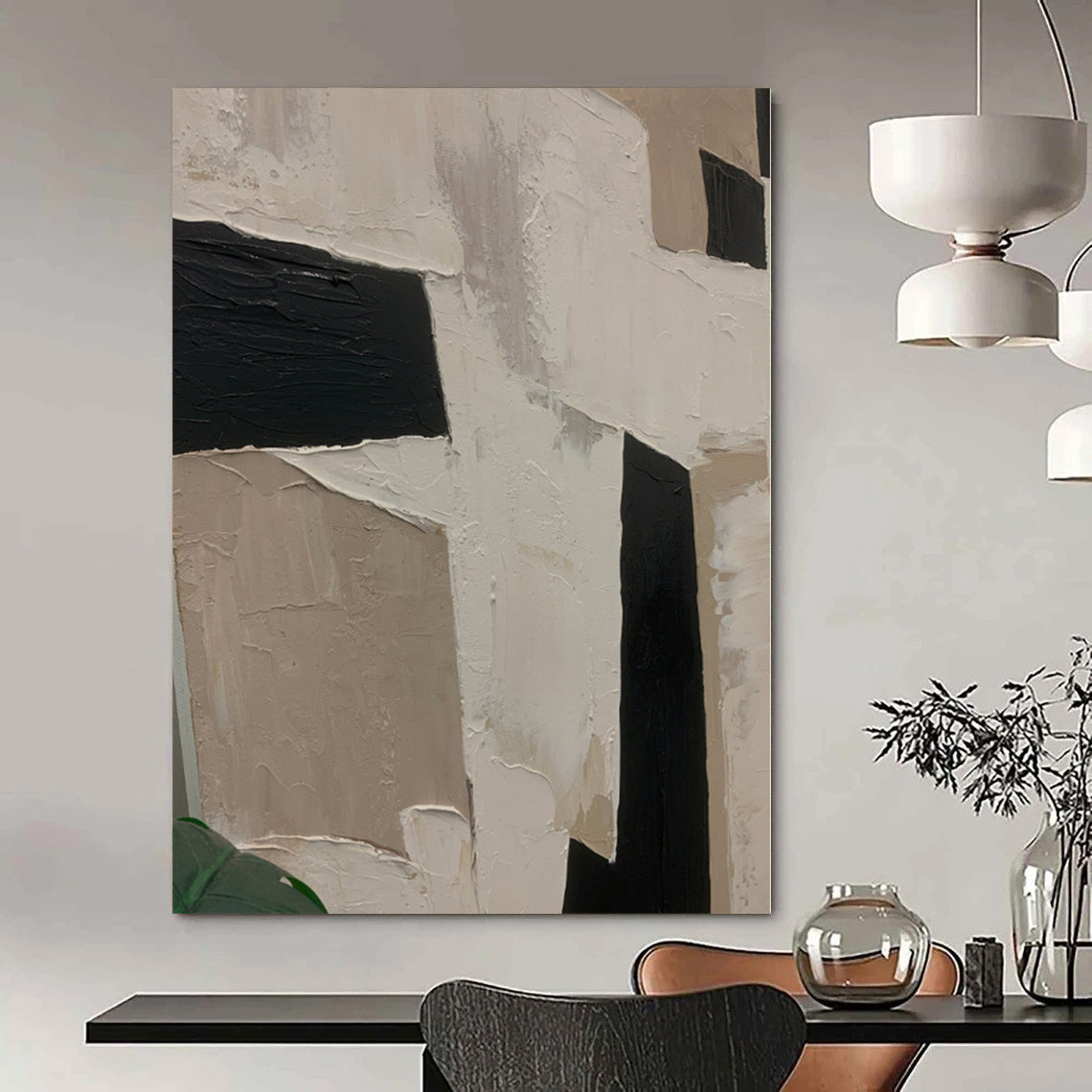 “Textured Neutral Shapes” - Abstract Work with Beige, Black, White CT0107