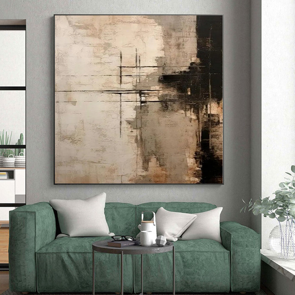 “Beige - Black Grid Textures” Abstract Acrylic Art CT0272