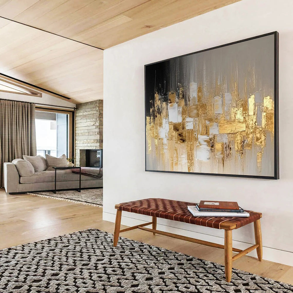 “Gilded Urban Silhouette” - Black, gray, gold; abstract squares and lines form a city - like shape CT1555