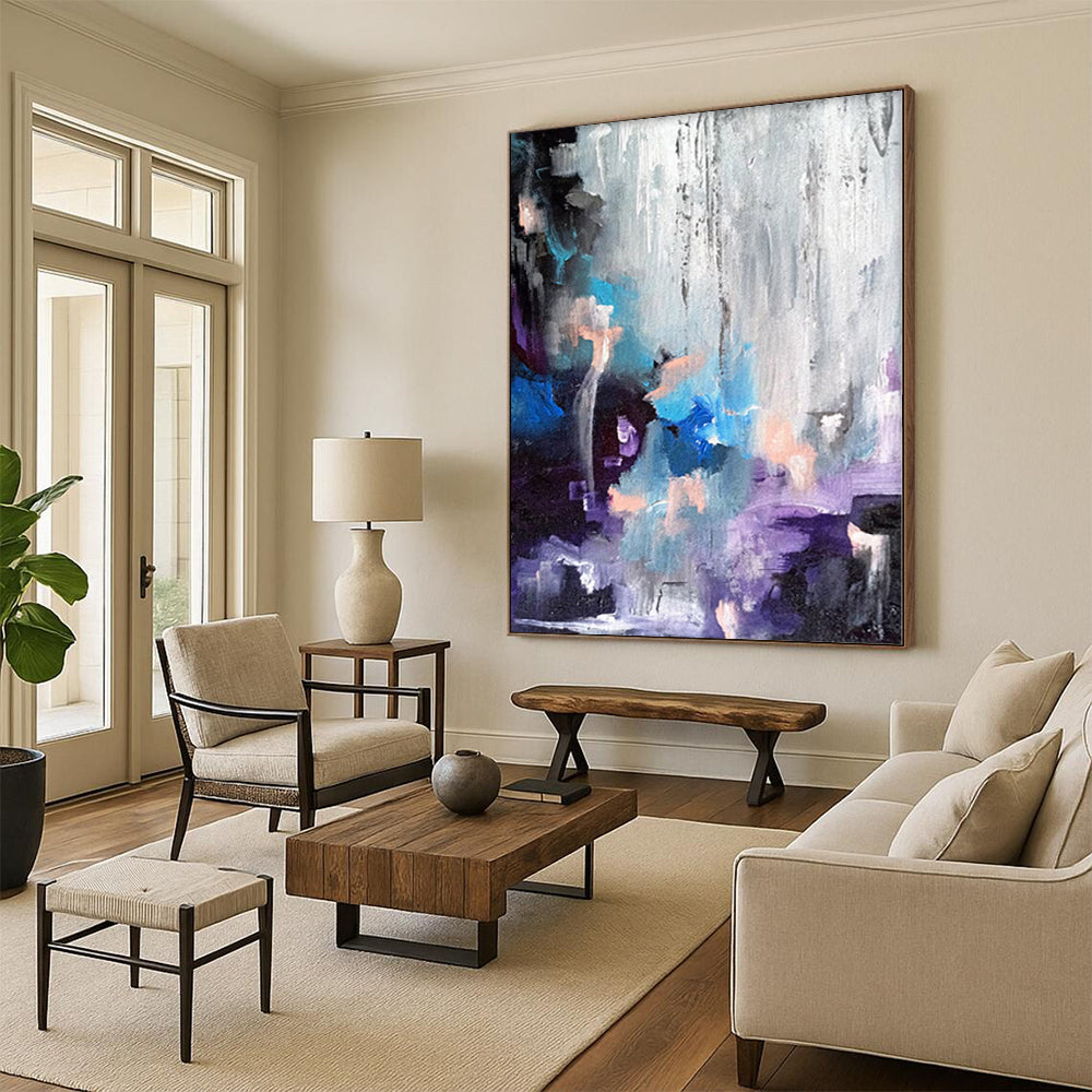 “Colorful Cascade” - Abstract Painting with Blue, Purple, Orange, Gray CT0069