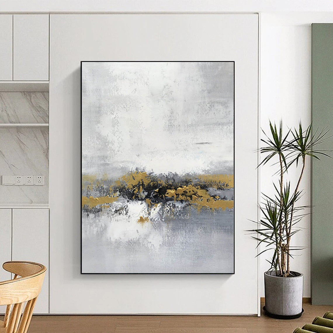 “Grey - White Abstract with Gold Horizons”,Abstract Landscape Painting CT0380
