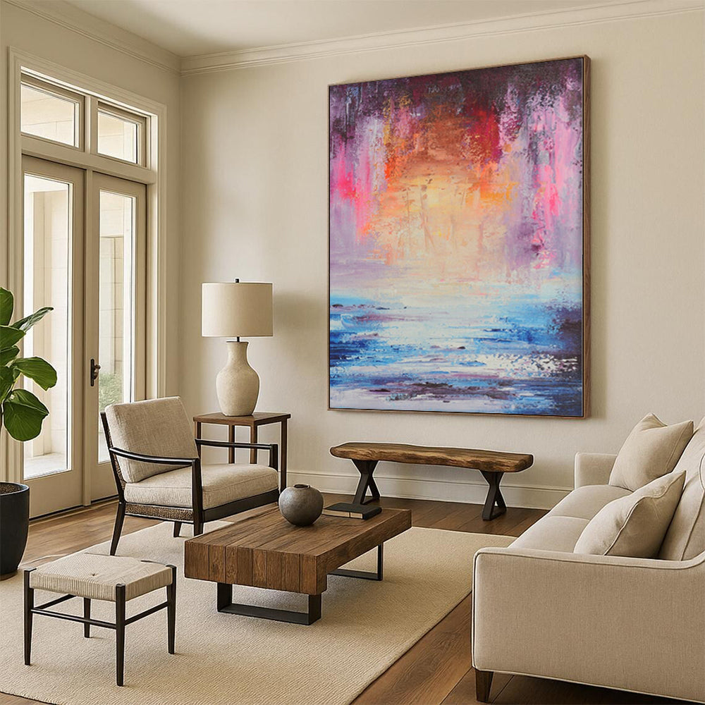 “Dreamy Coastal Sunset” - Abstract Art with Pink, Purple, Orange, Blue, White CT0058