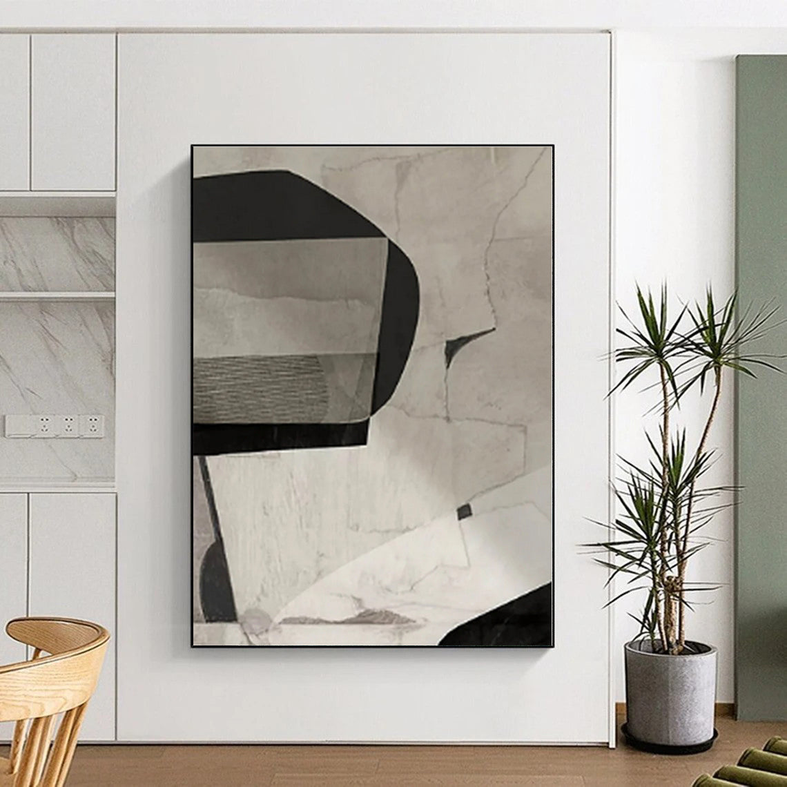 “Grey - Black Geometric Collage”,Abstract Mixed - Media Art CT0558