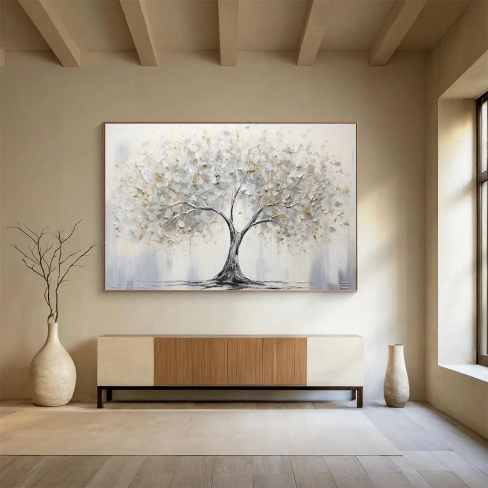 “Silver - Gold Tree of Serenity” - Silvers, whites, golds; textured, minimalist tree CT1619
