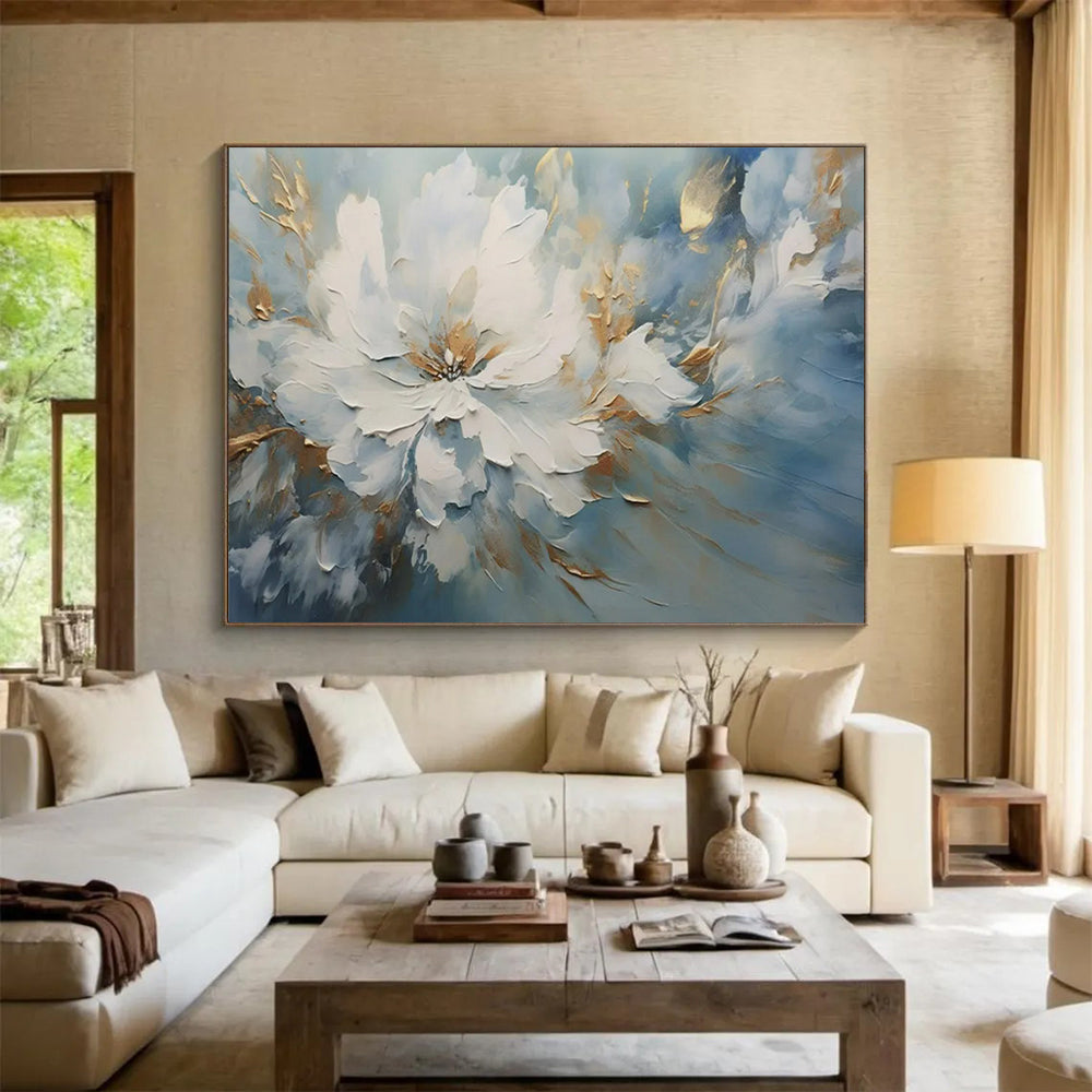 “White Flower with Gold Accents” – Impasto Floral Oil Painting CT1756