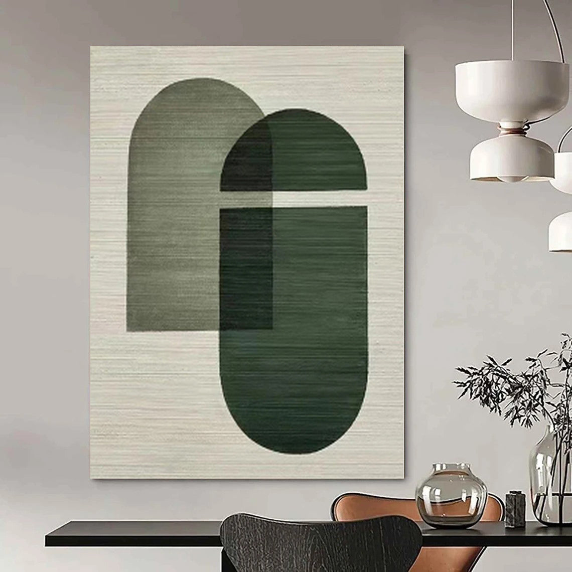 “Olive and Dark Green Geometric Overlaps” Minimalist Acrylic Art CT0165