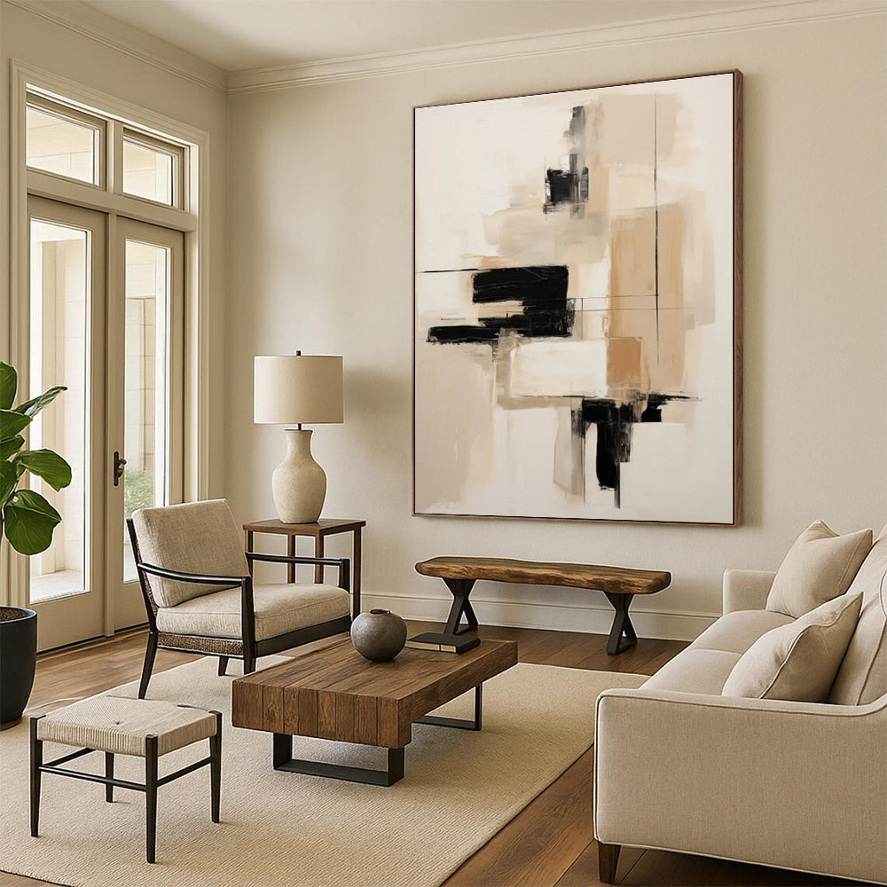 “Neutral Tones with Black Accents”,Abstract Minimalist Oil Painting CT0530
