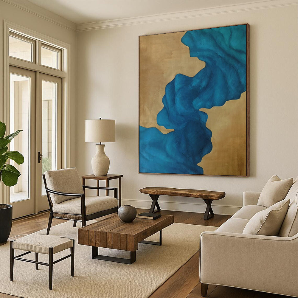 “Fluid Blue on Gold” Abstract Acrylic Art CT0343