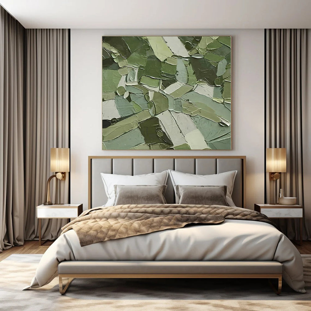 “Patchwork Green Textured Abstract” Cubist - Inspired Acrylic Art CT0201