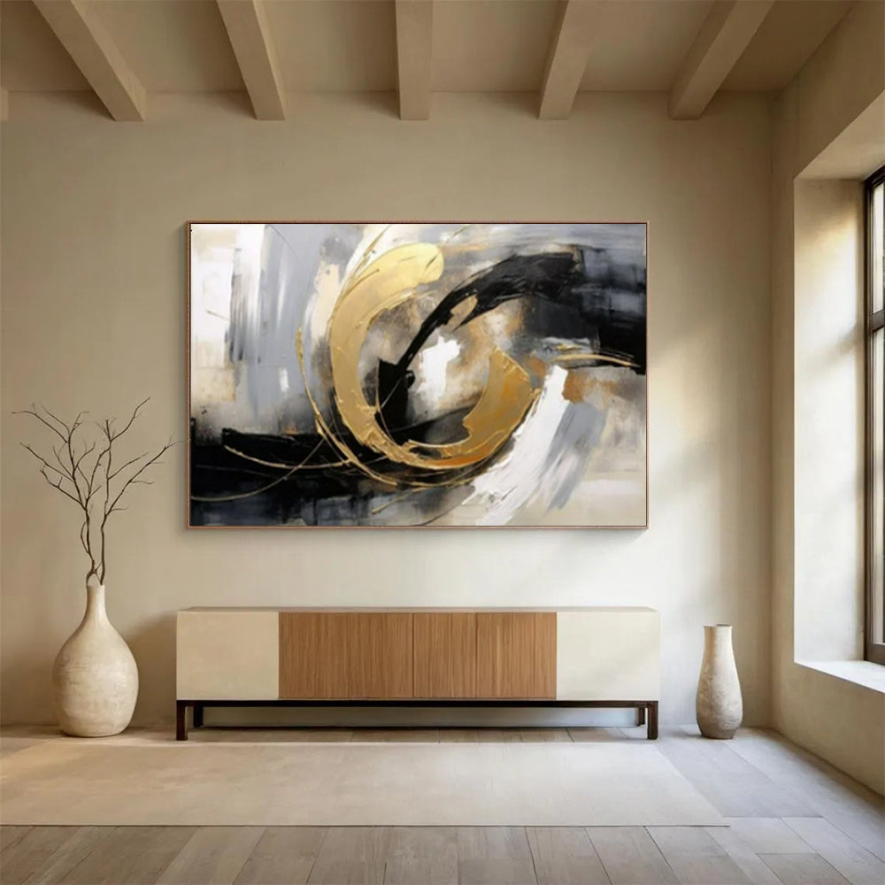 “Gold - Black Swirl Dynamics” - Blacks, whites, golds; bold, swirling abstraction with metallic accents CT1627