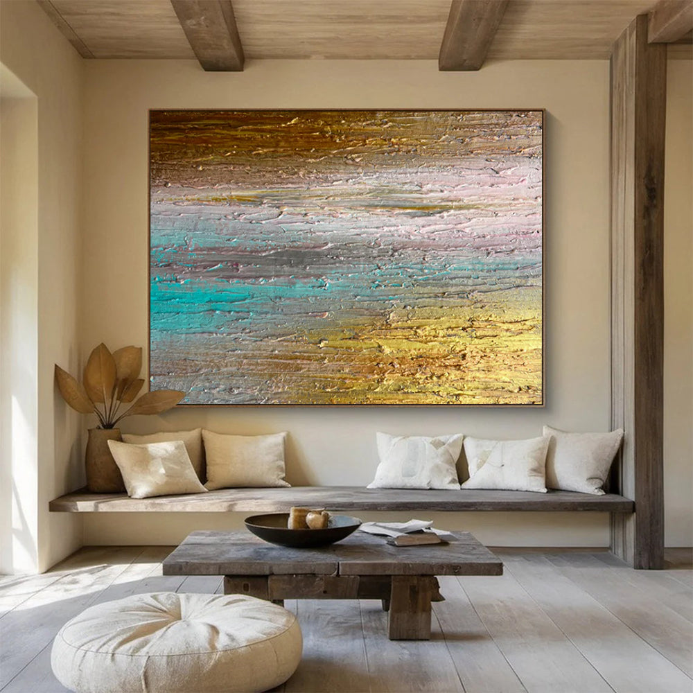 “Sunset Horizons” – Layered golds, teals, pinks in thick, horizontal acrylic strokes CT1691