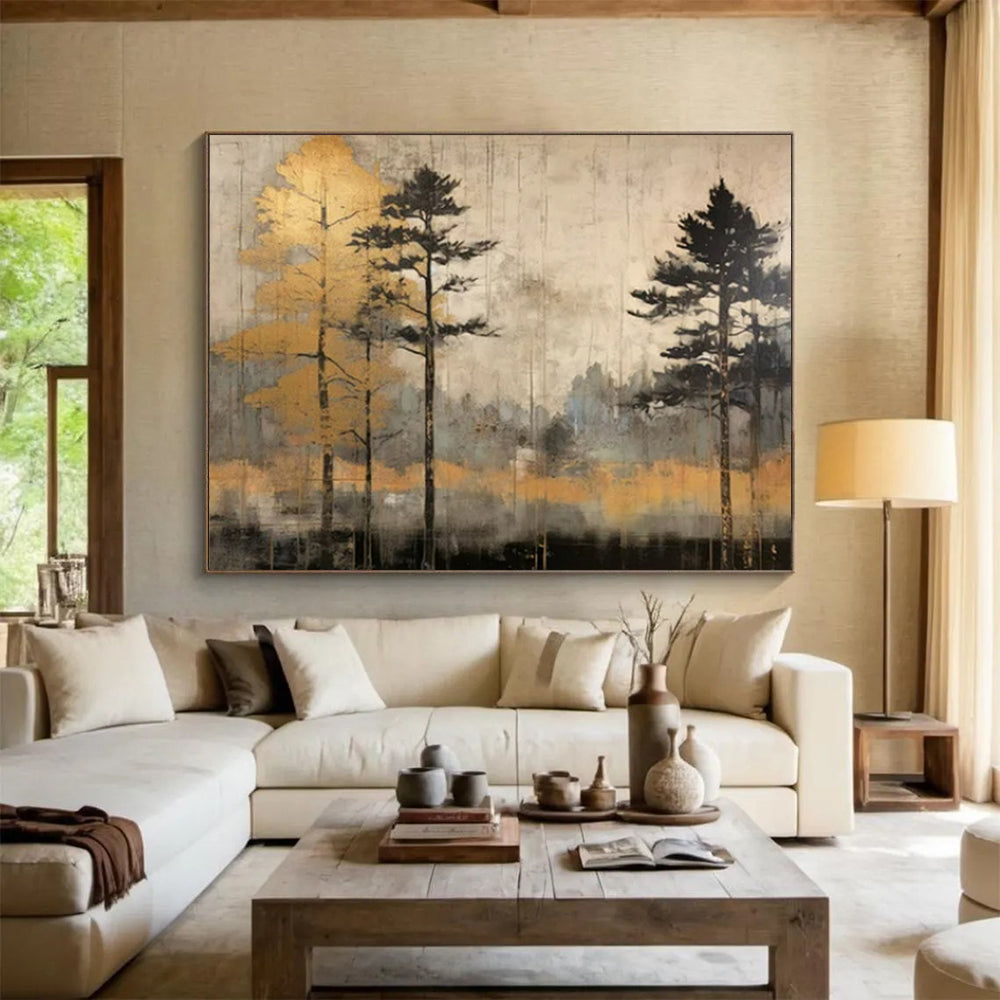 “Golden Forest Mist” - Gray, beige, gold; tall tree silhouettes in a hazy forest CT1575