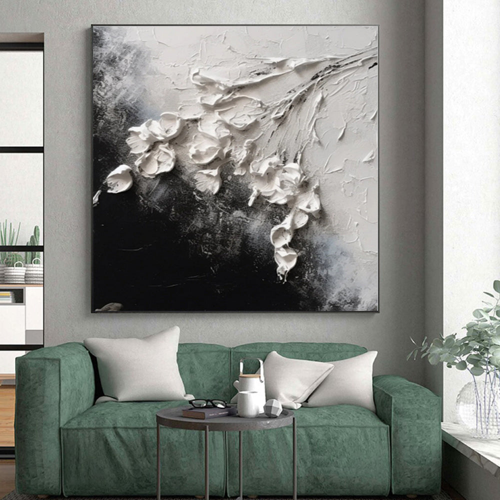 “3D White Flowers on Black”,Abstract Impasto Oil Painting CT0580