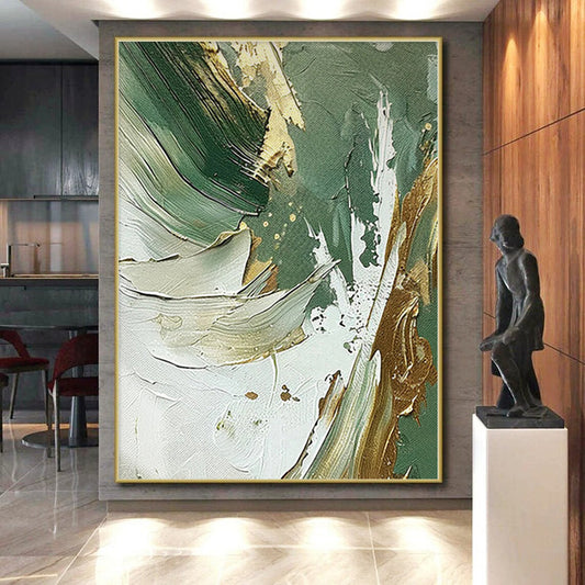 “Emerald & Gold Fusion” - Abstract Art with Green, Gold, White CT0088