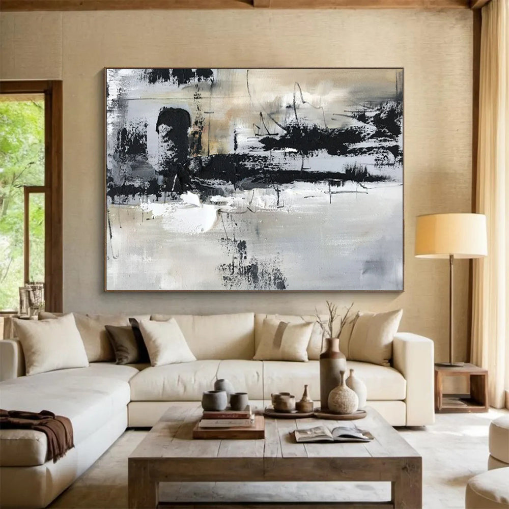 “Monochrome Chaos” - Black, white, gray; thick, messy brushstrokes and splatters CT1565