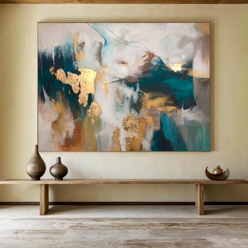 “Teal - Gold Abstract Fusion” - Teals, golds, whites; bold, textured abstraction with metallic flakes CT1632