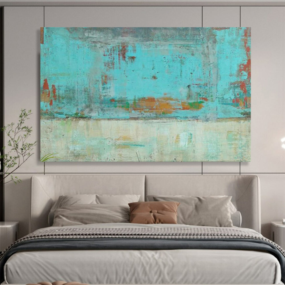 “Turquoise Urban Abstract” - Turquoise, orange, beige; faded, abstract city scene CT1583