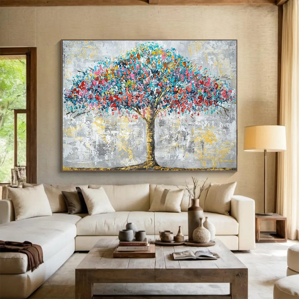 “Colorburst Tree of Life” - Blues, reds, pinks, yellows; vibrant, textured tree against a muted background CT1598
