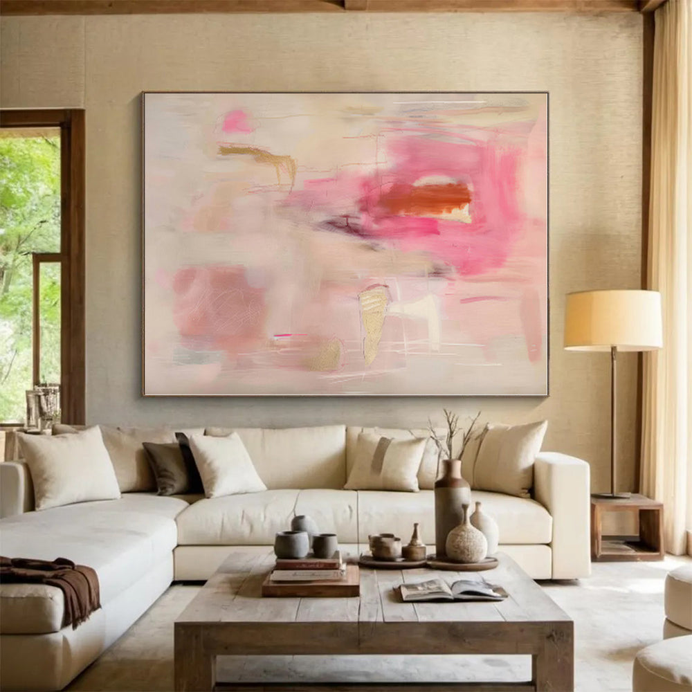 “Pink - Beige Abstract with Gold Accents” - Abstract Expressionist Art CT0441