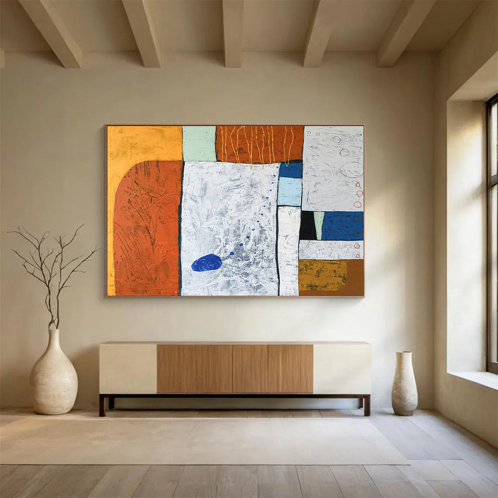 “Textured Color Blocks in Orange, White, and Blue” - Mixed - Media Abstract Art CT1807