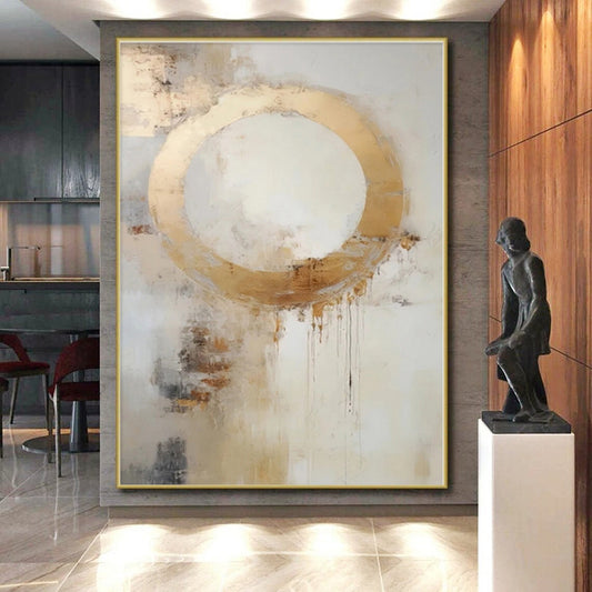 “Gold Circle with Drips”,Abstract Expressionist Mixed - Media Art CT0586