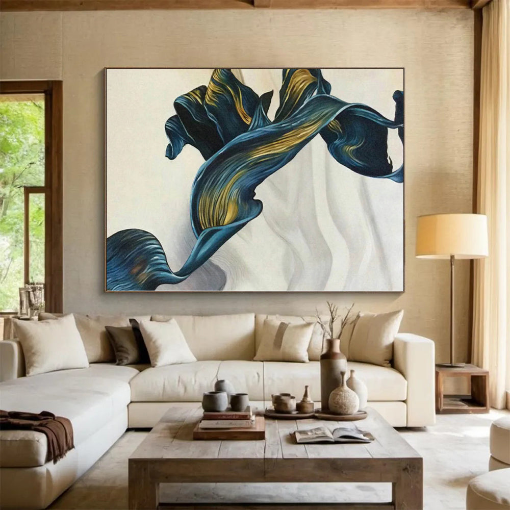 “Flowing Blue - Gold Ribbons” Abstract Acrylic Art CT0301