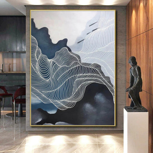 “Dark and Light Wavy White Lines”,Contrast - Focused Abstract Painting CT0358