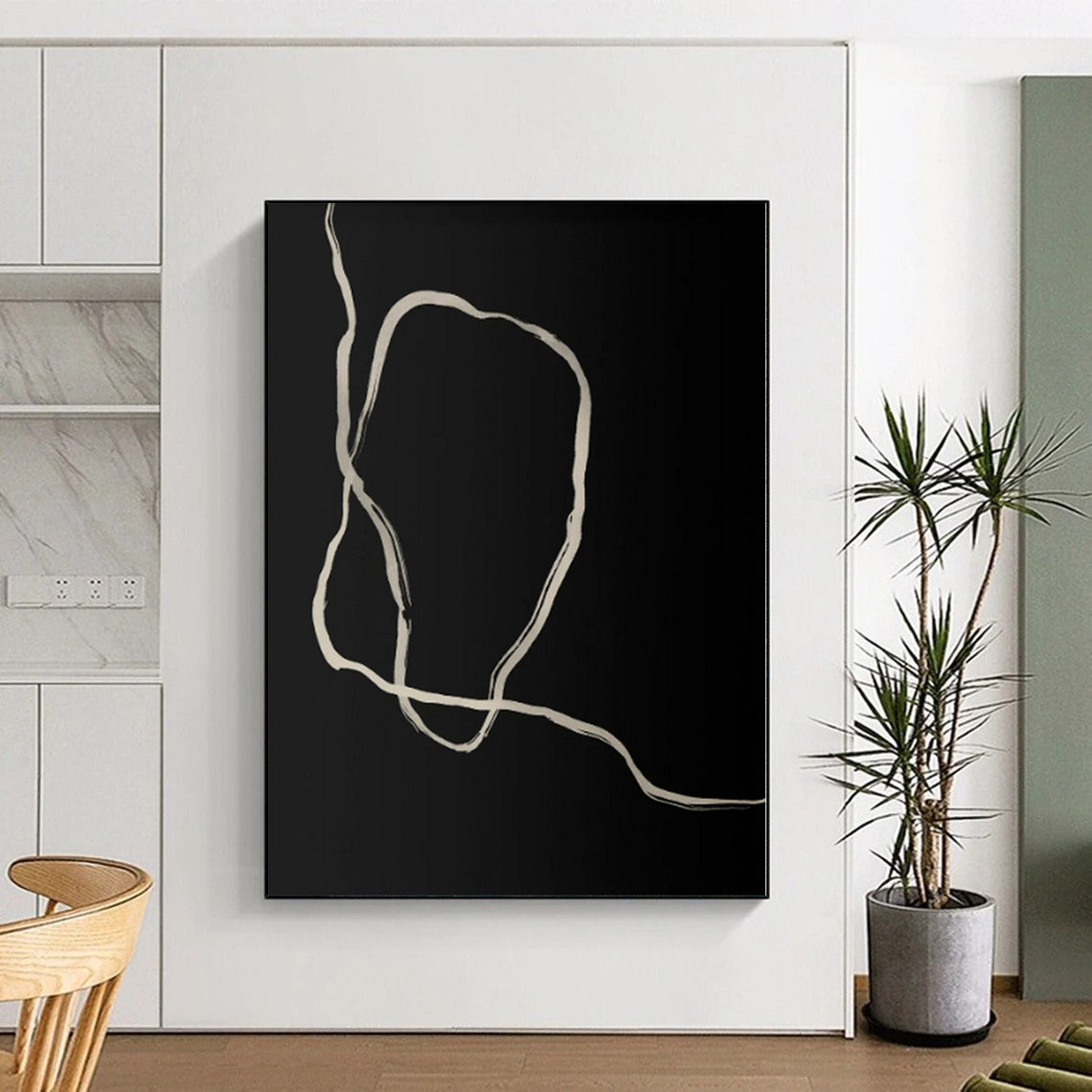 “Organic White Lines on Black” Abstract Acrylic Art CT0336